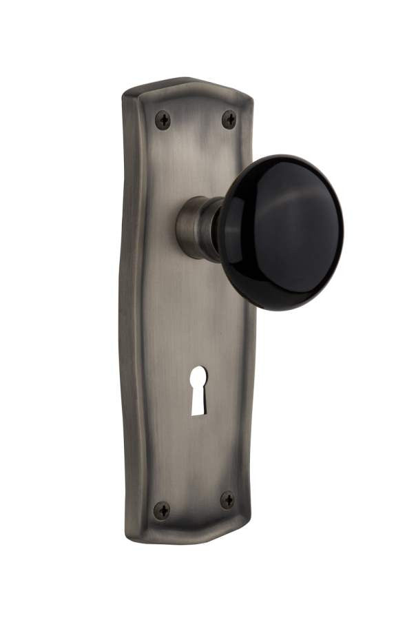 Nostalgic 710420: Mortise Prairie Plate Black Porcelain Knob Keyhole - Antique Pewter