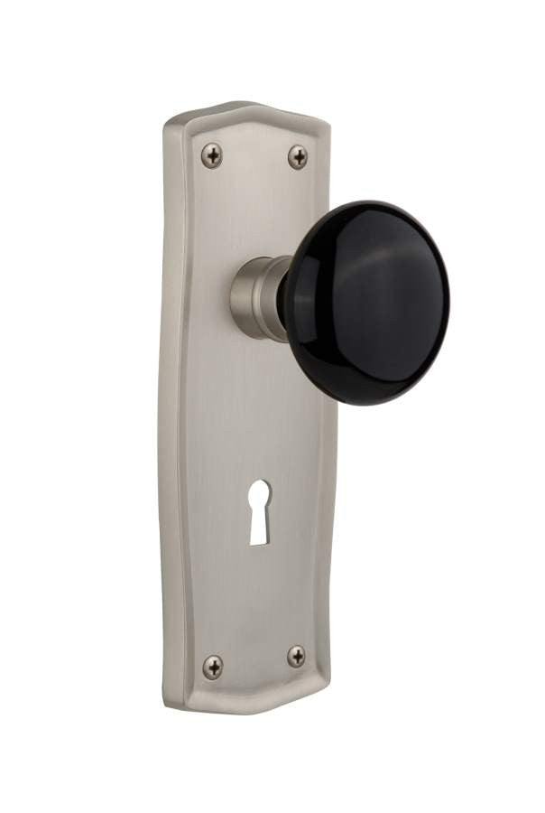 Nostalgic 710087: Prairie Backplate w/Black Porcelain Knob Passage Door Set - Satin Nickel