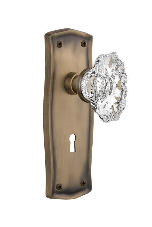 Nostalgic 713992: Prairie Backplate w/Chateau Knob Privacy Door Set - Antique Brass
