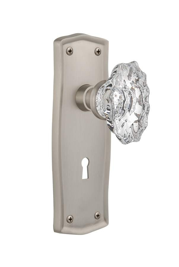 Nostalgic 714043: Complete Mortise Lockset Prairie Plate Chateau Knob - Satin Nickel