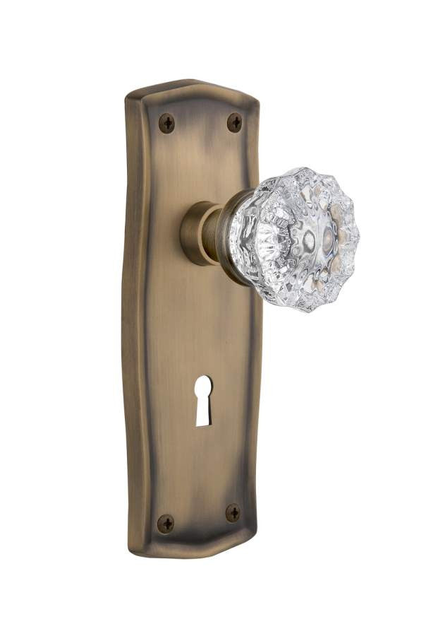 Nostalgic 704479: Prairie Backplate w/Clear Crystal Glass Knob Single Dummy Door Set - Antique Brass