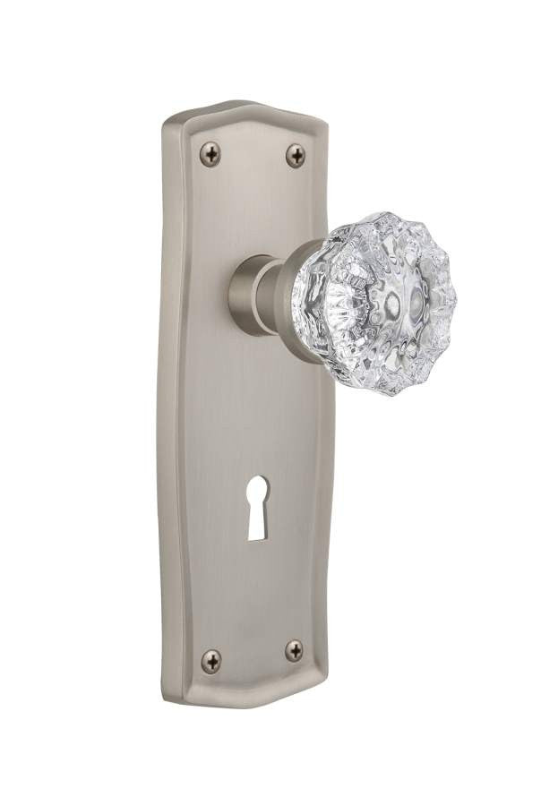 Nostalgic 704477: Prairie Backplate w/Clear Crystal Glass Knob Single Dummy Door Set - Satin Nickel
