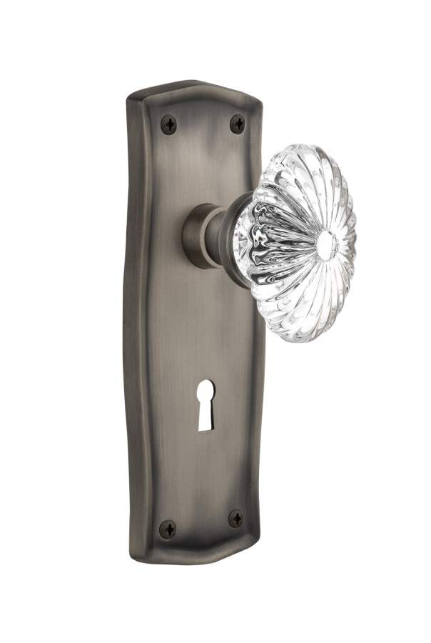 Nostalgic 712180: Mortise Prairie Plate Oval Fluted Crystal Knob - Antique Pewter