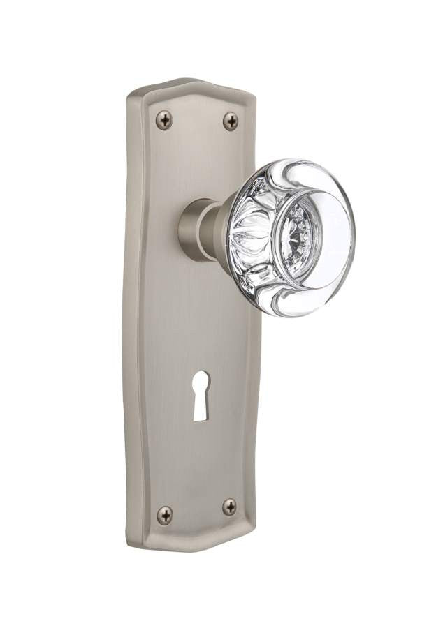 Nostalgic 712287: Prairie Backplate w/Round Clear Glass Crystal Knob Passage Door Set - Satin Nickel
