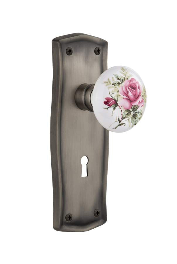 Nostalgic 711251: Prairie Backplate w/White Rose Porcelain Knob Privacy Door Set - Antique Pewter
