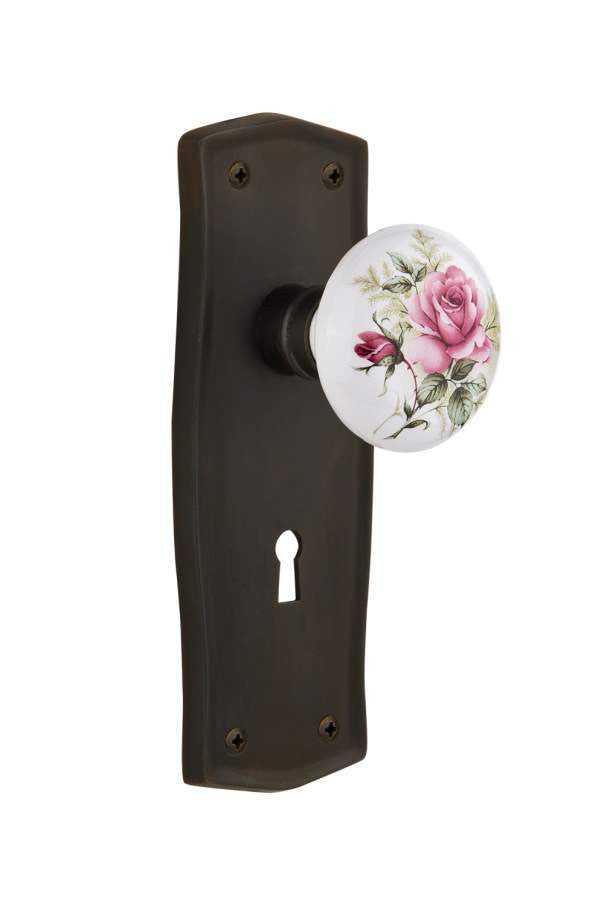 Nostalgic 711302: Mortise Prairie Plate Rose Porcelain Knob - Oil Rubbed Bronze