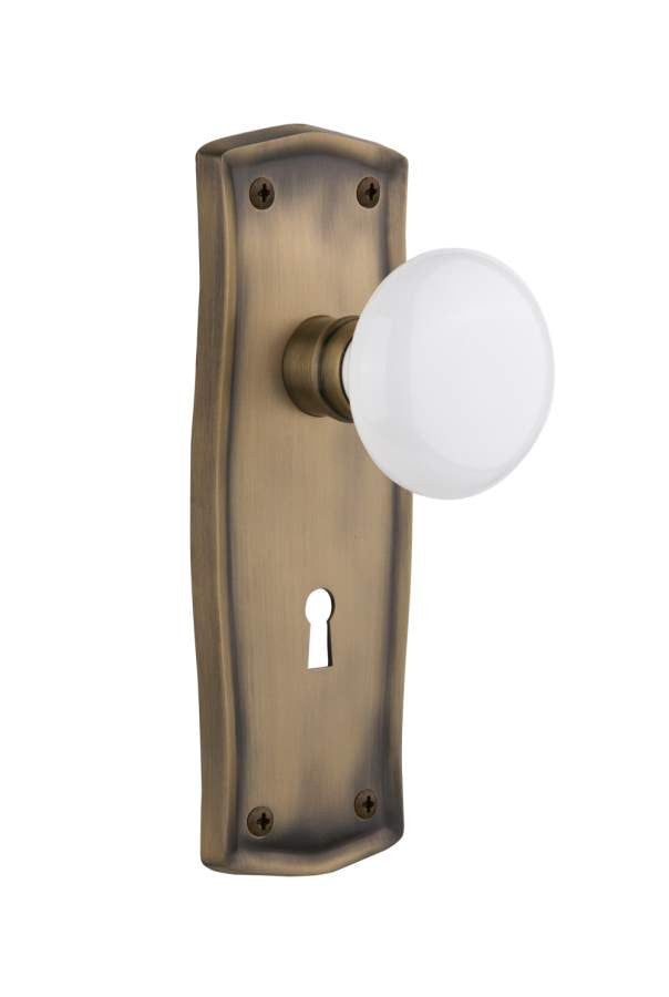 Nostalgic 704928: Mortise Prairie Plate w/ White Porcelain Knob - Antique Brass