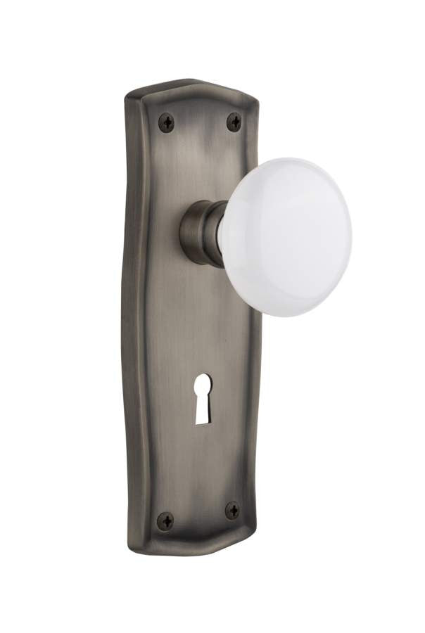 Nostalgic 704520: Prairie Backplate w/White Porcelain Knob Privacy Door Set - Antique Pewter