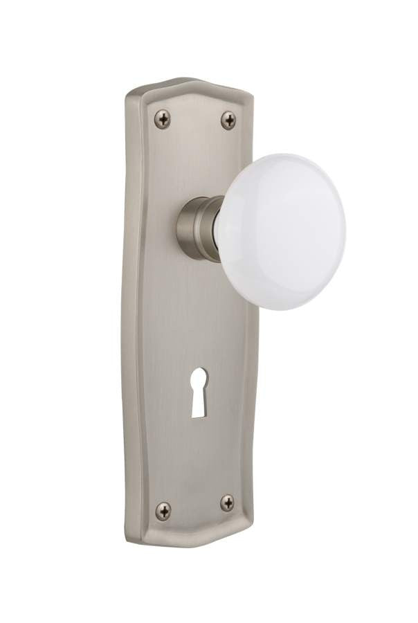 Nostalgic 704521: Prairie Backplate w/White Porcelain Knob Privacy Door Set - Satin Nickel