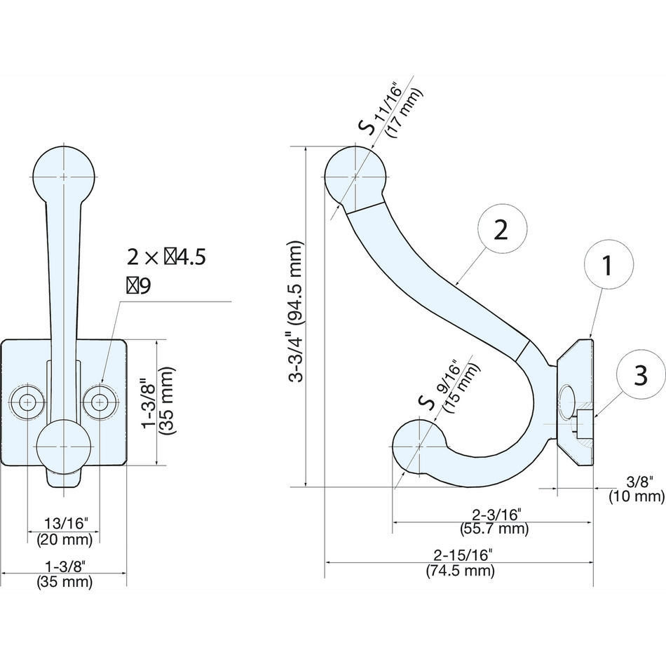Sugatsune PXB-BN05-211-AB: 95mm Double Coat Hook - Antique Brass
