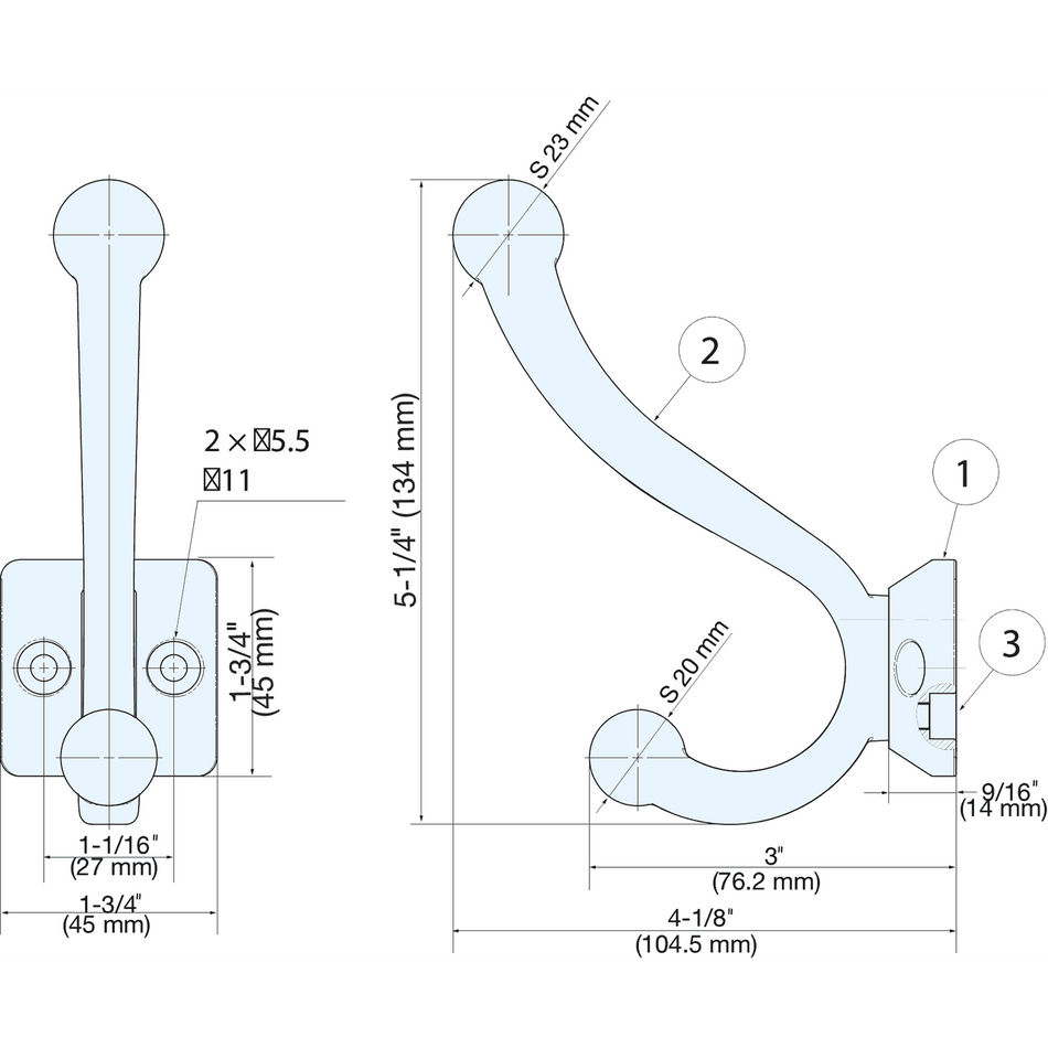 Sugatsune PXB-BN05-231-AB: 134mm Double Coat Hook - Antique Brass