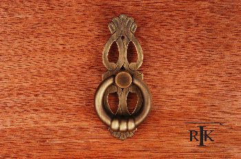 RKI CF-598-AE: 1" Drop Ring Cabinet Pull w/Ornate Plate - Antique English