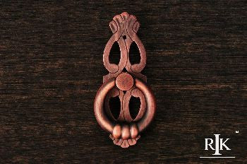 RKI CF-598-DC: 1" Drop Ring Cabinet Pull w/Ornate Plate - Distressed Copper