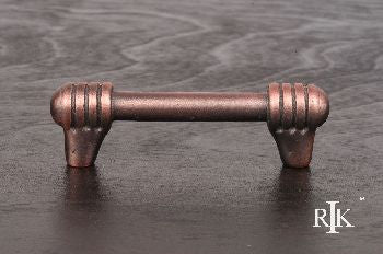 RKI CP-813-DC: 3" cc Distressed Rod w/Swirl Ends Cabinet Pull - Distressed Copper
