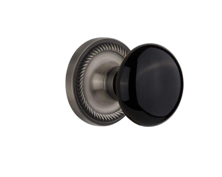 Nostalgic 710029: Rope Rosette w/Black Porcelain Knob Passage Door Set - Antique Pewter