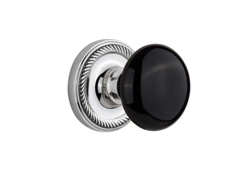 Nostalgic 710428: Mortise Rope Rose w/ Black Porcelain Knob - Bright Chrome