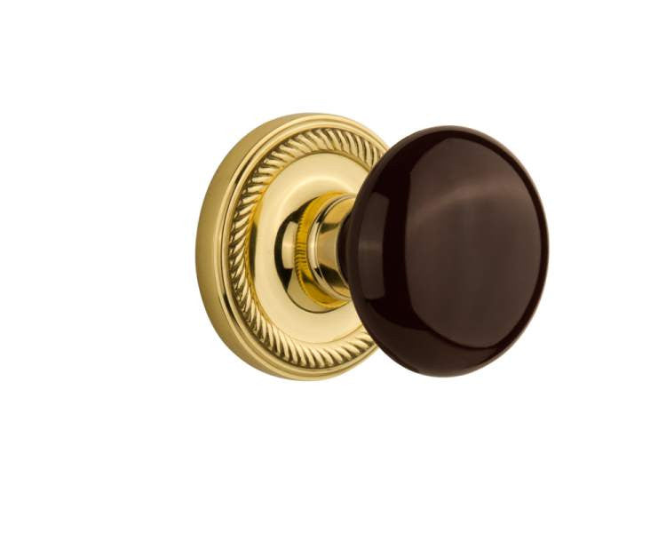 Nostalgic 710760: Rope Rosette w/Brown Porcelain Knob Privacy Door Set - Polished Brass
