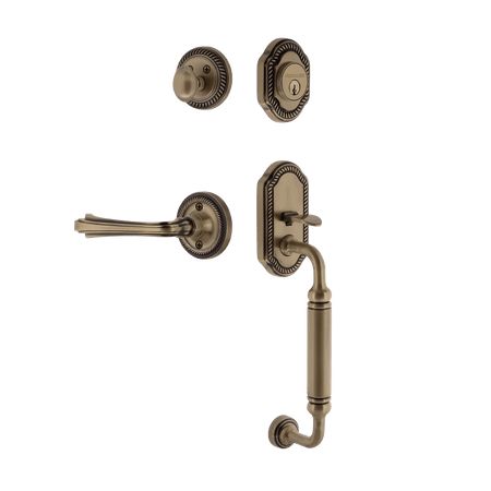 Nostalgic 770955: Entry Lockset w/Rope Rosette, C-Grip Exterior Handle and Fleur Interior Lever - Antique Brass