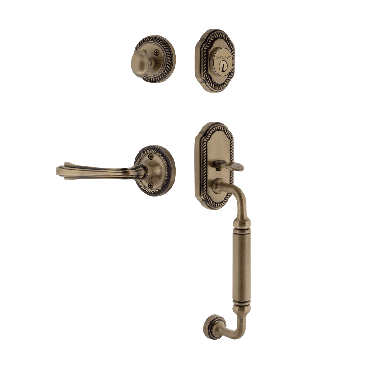 Nostalgic 770966: Entry Lockset w/Rope Rosette, C-Grip Exterior Handle and Fleur Interior Lever - Antique Brass