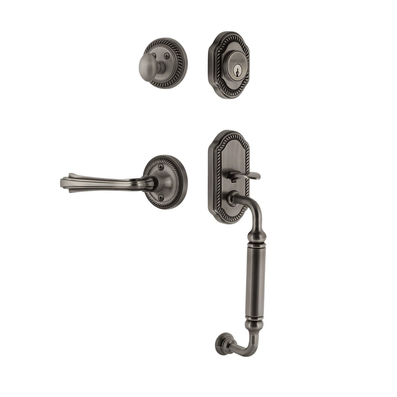 Nostalgic 769068: Entry Lockset w/Rope Rosette, C-Grip Exterior Handle and Fleur Interior Lever - Antique Pewter