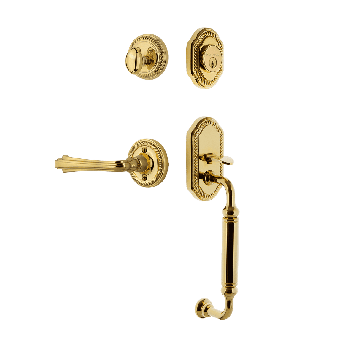 Nostalgic 770936: Entry Lockset w/Rope Rosette, C-Grip Exterior Handle and Fleur Interior Lever - Polished Brass