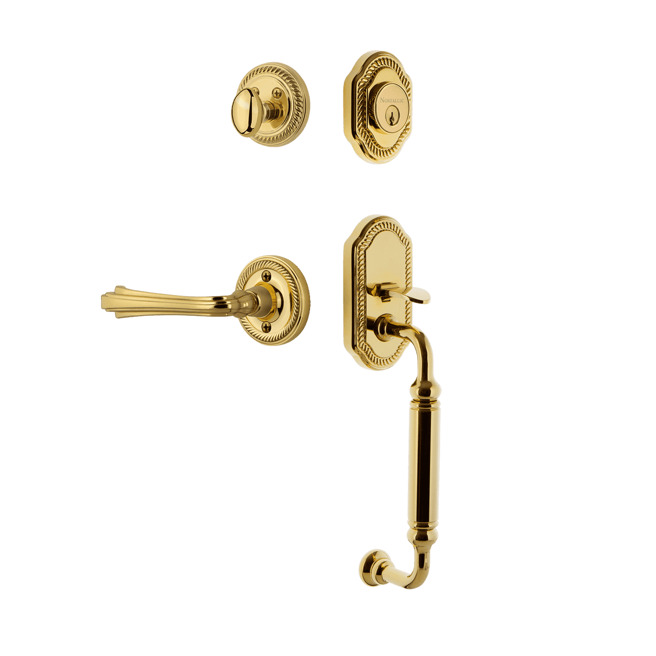 Nostalgic 770936: Entry Lockset w/Rope Rosette, C-Grip Exterior Handle and Fleur Interior Lever - Polished Brass