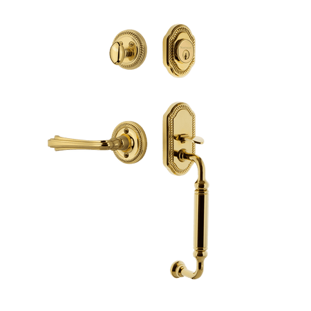 Nostalgic 769070: Entry Lockset w/Rope Rosette, C-Grip Exterior Handle and Fleur Interior Lever - Polished Brass