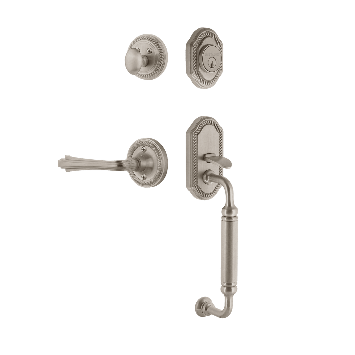 Nostalgic 770965: Entry Lockset w/Rope Rosette, C-Grip Exterior Handle and Fleur Interior Lever - Satin Nickel