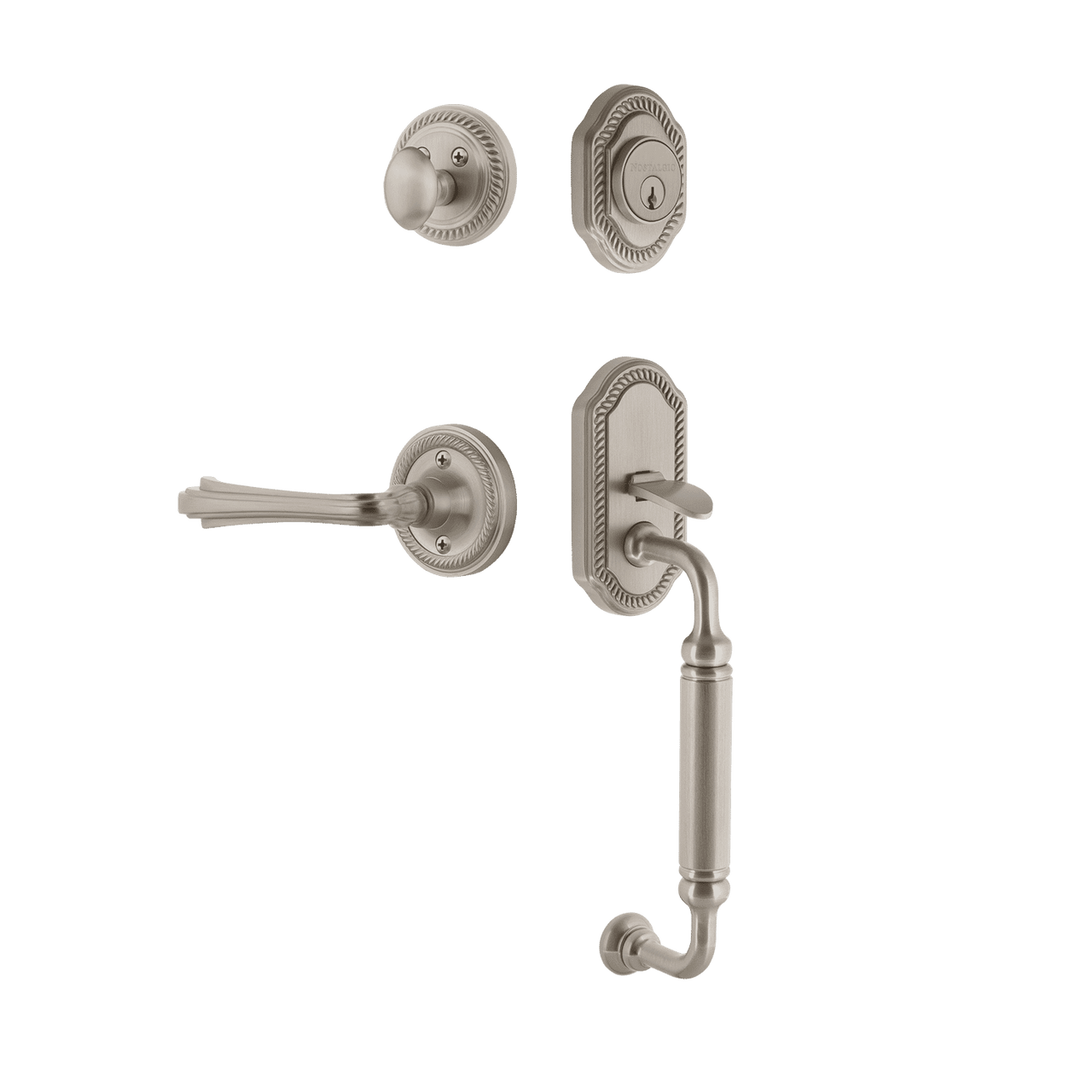 Nostalgic 770965: Entry Lockset w/Rope Rosette, C-Grip Exterior Handle and Fleur Interior Lever - Satin Nickel