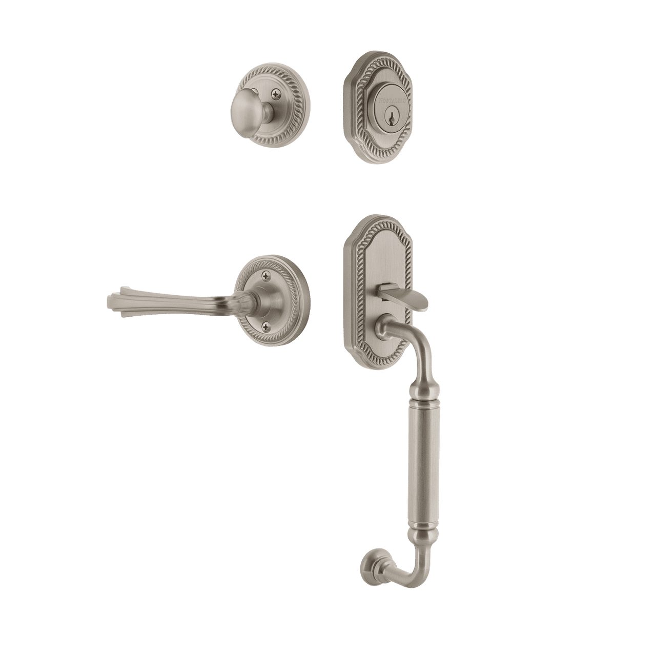 Nostalgic 770937: Entry Lockset w/Rope Rosette, C-Grip Exterior Handle and Fleur Interior Lever - Satin Nickel