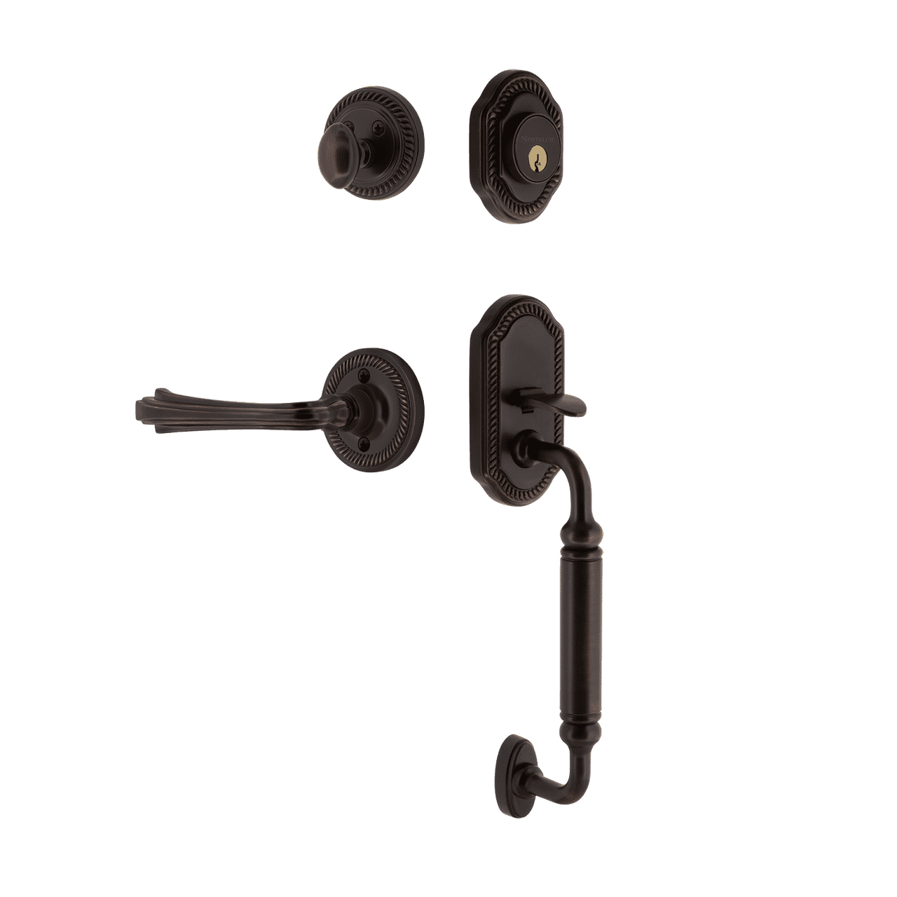 Nostalgic 770950: Entry Lockset w/Rope Rosette, C-Grip Exterior Handle and Fleur Interior Lever - Timeless Bronze