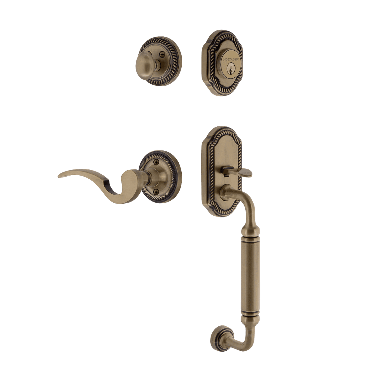 Nostalgic 771036: Entry Lockset w/Rope Rosette, C-Grip Exterior Handle and Manor Interior Lever - Antique Brass