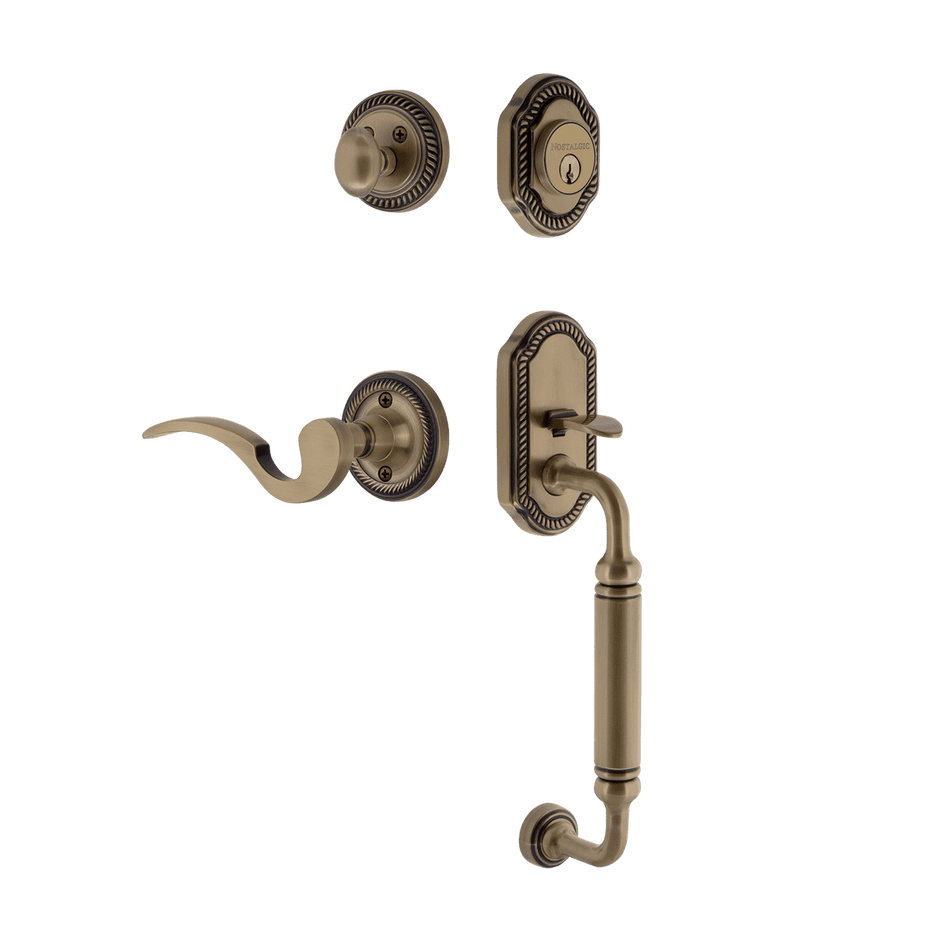 Nostalgic 767680: Entry Lockset w/Rope Rosette, C-Grip Exterior Handle and Manor Interior Lever - Antique Brass
