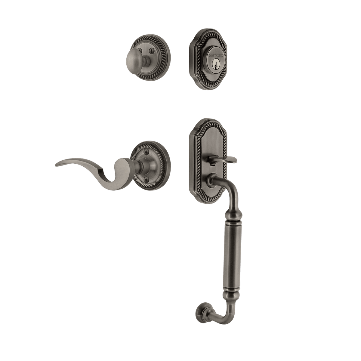 Nostalgic 771032: Entry Lockset w/Rope Rosette, C-Grip Exterior Handle and Manor Interior Lever - Antique Pewter