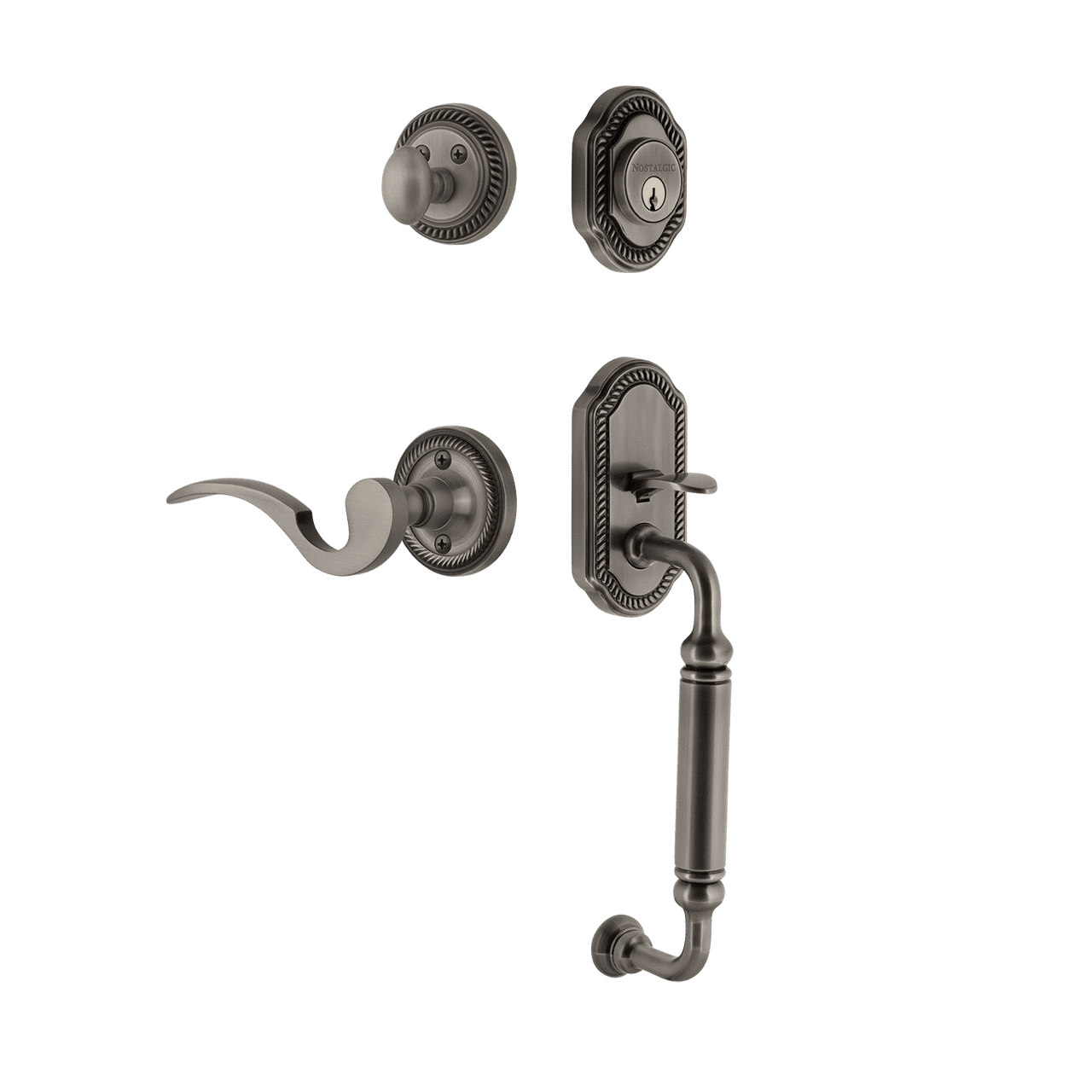 Nostalgic 771032: Entry Lockset w/Rope Rosette, C-Grip Exterior Handle and Manor Interior Lever - Antique Pewter
