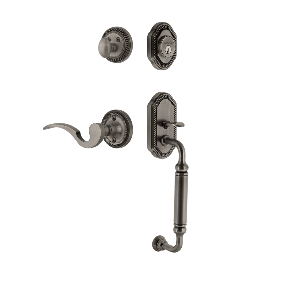 Nostalgic 771024: Entry Lockset w/Rope Rosette, C-Grip Exterior Handle and Manor Interior Lever - Antique Pewter