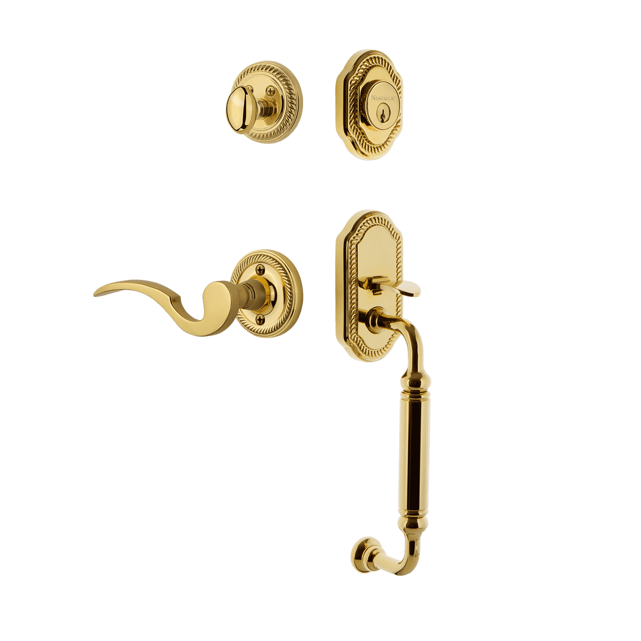 Nostalgic 771029: Entry Lockset w/Rope Rosette, C-Grip Exterior Handle and Manor Interior Lever - Polished Brass