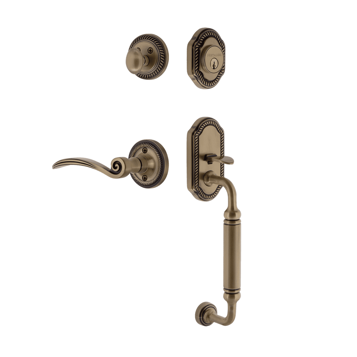 Nostalgic 771073: Entry Lockset w/Rope Rosette, C-Grip Exterior Handle and Swan Interior Lever - Antique Brass