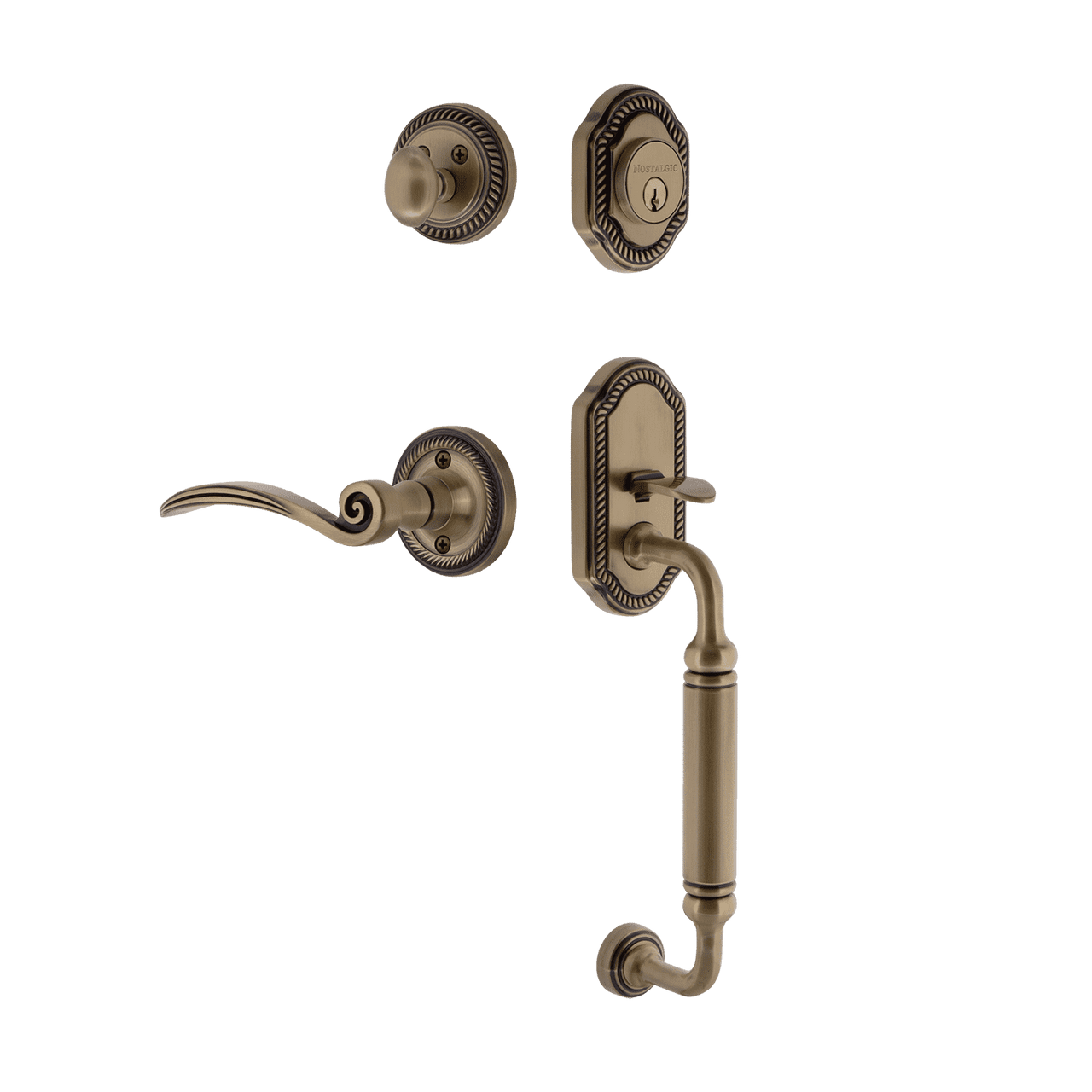 Nostalgic 768382: Entry Lockset w/Rope Rosette, C-Grip Exterior Handle and Swan Interior Lever - Antique Brass