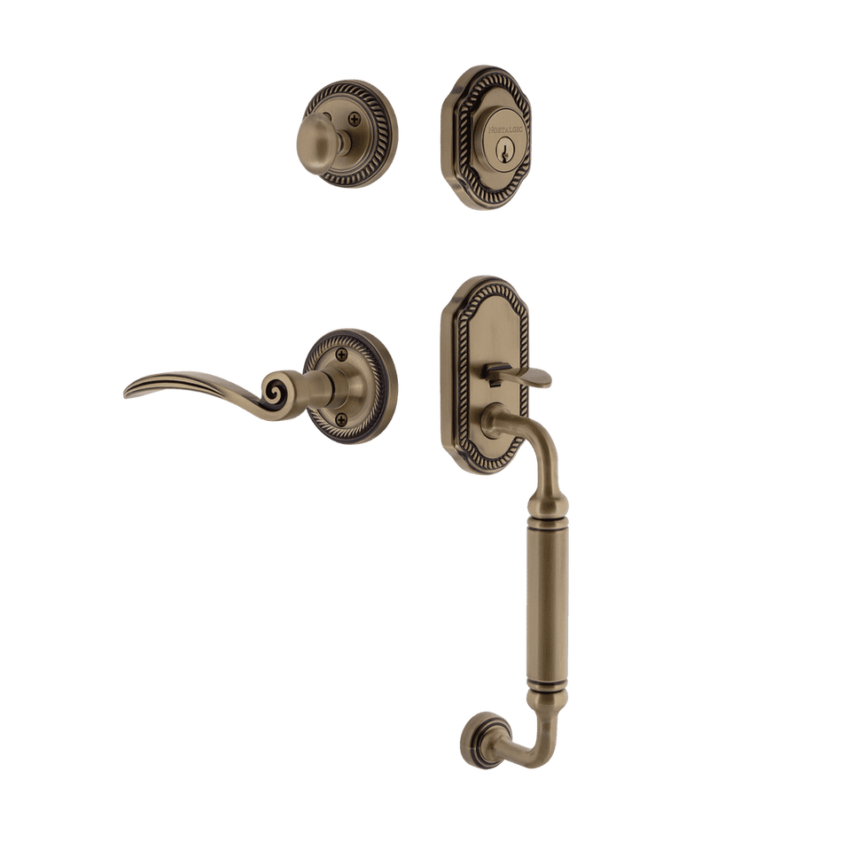 Nostalgic 768382: Entry Lockset w/Rope Rosette, C-Grip Exterior Handle and Swan Interior Lever - Antique Brass
