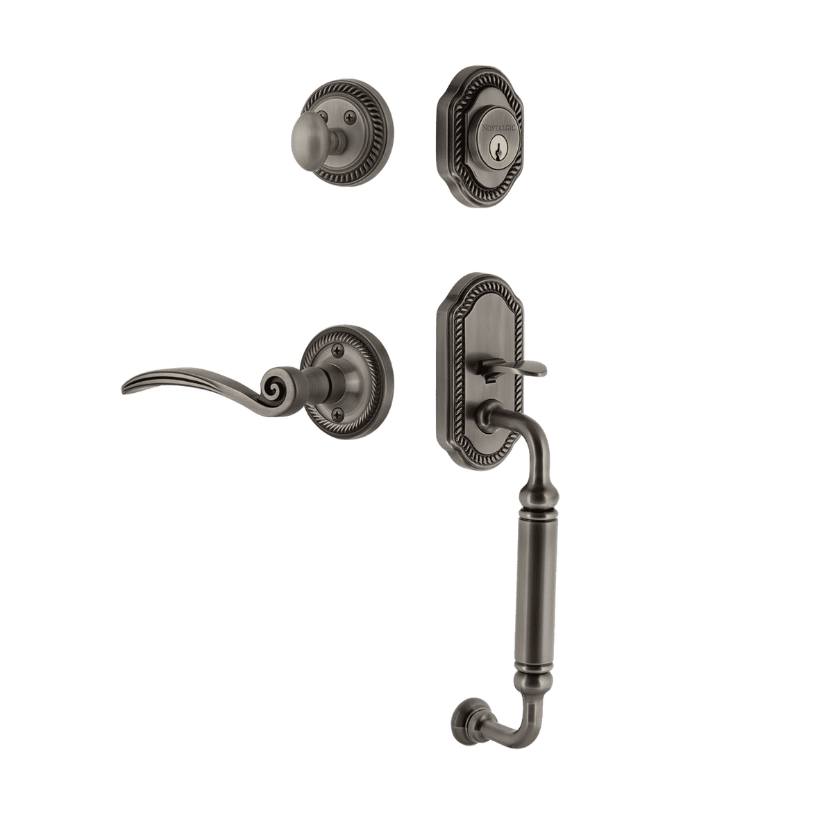 Nostalgic 771077: Entry Lockset w/Rope Rosette, C-Grip Exterior Handle and Swan Interior Lever - Antique Pewter