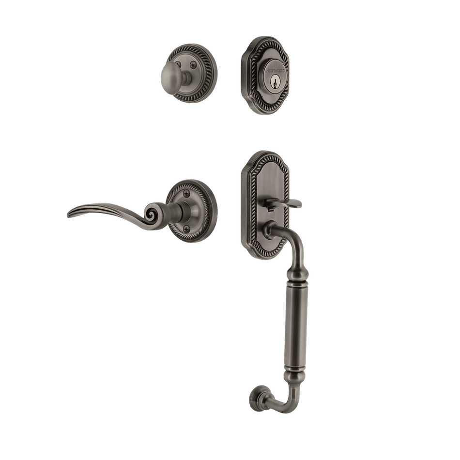 Nostalgic 768371: Entry Lockset w/Rope Rosette, C-Grip Exterior Handle and Swan Interior Lever - Antique Pewter