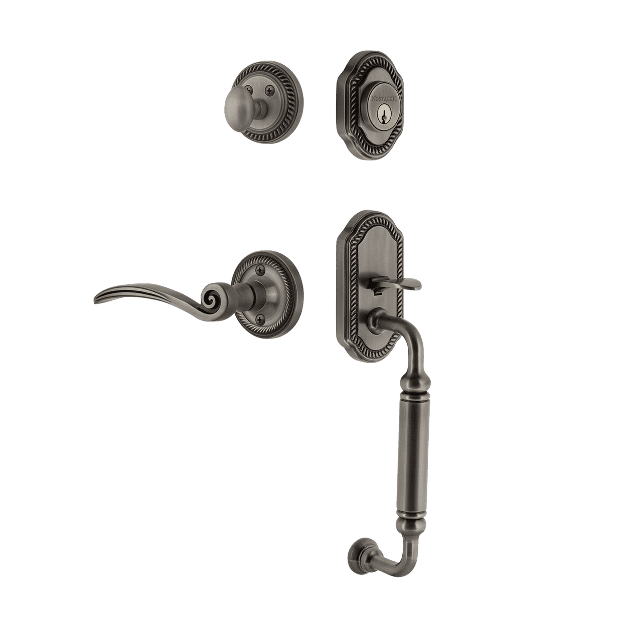 Nostalgic 771054: Entry Lockset w/Rope Rosette, C-Grip Exterior Handle and Swan Interior Lever - Antique Pewter