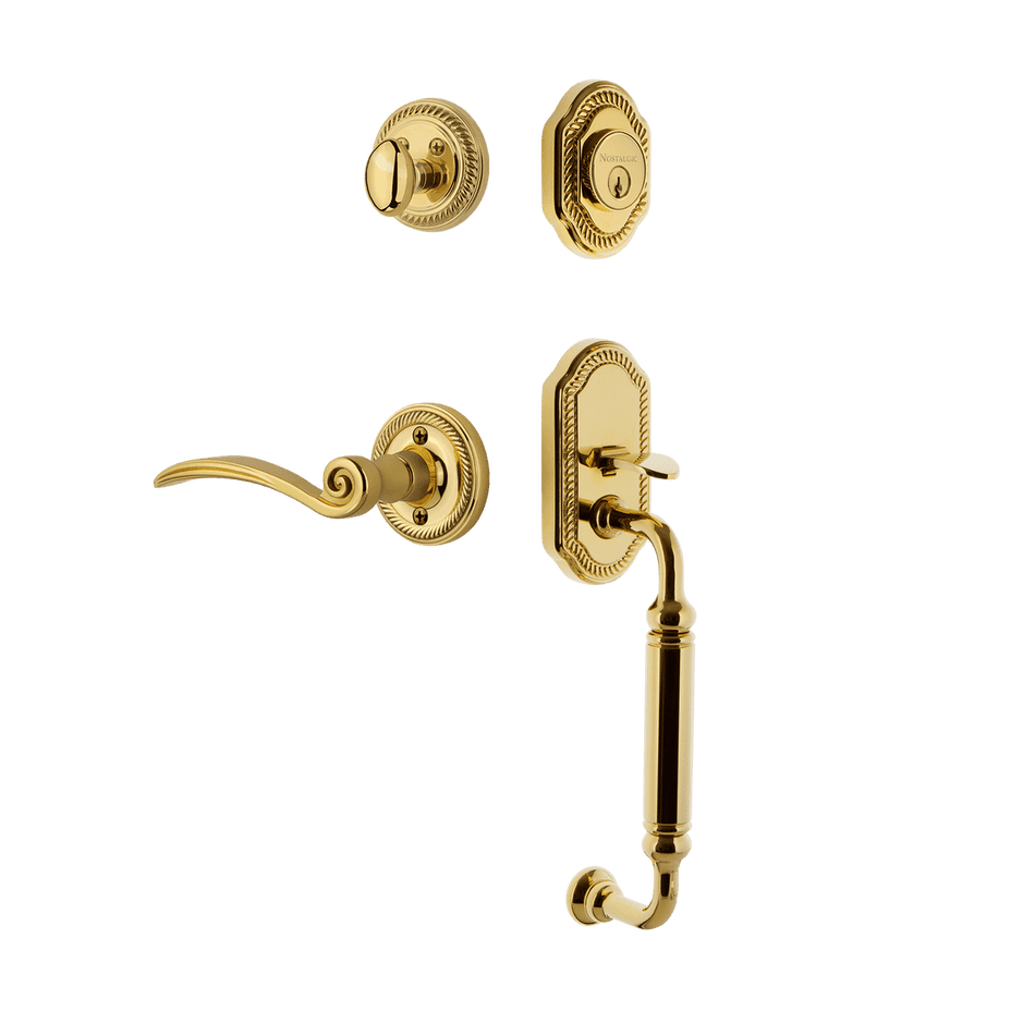 Nostalgic 771051: Entry Lockset w/Rope Rosette, C-Grip Exterior Handle and Swan Interior Lever - Polished Brass