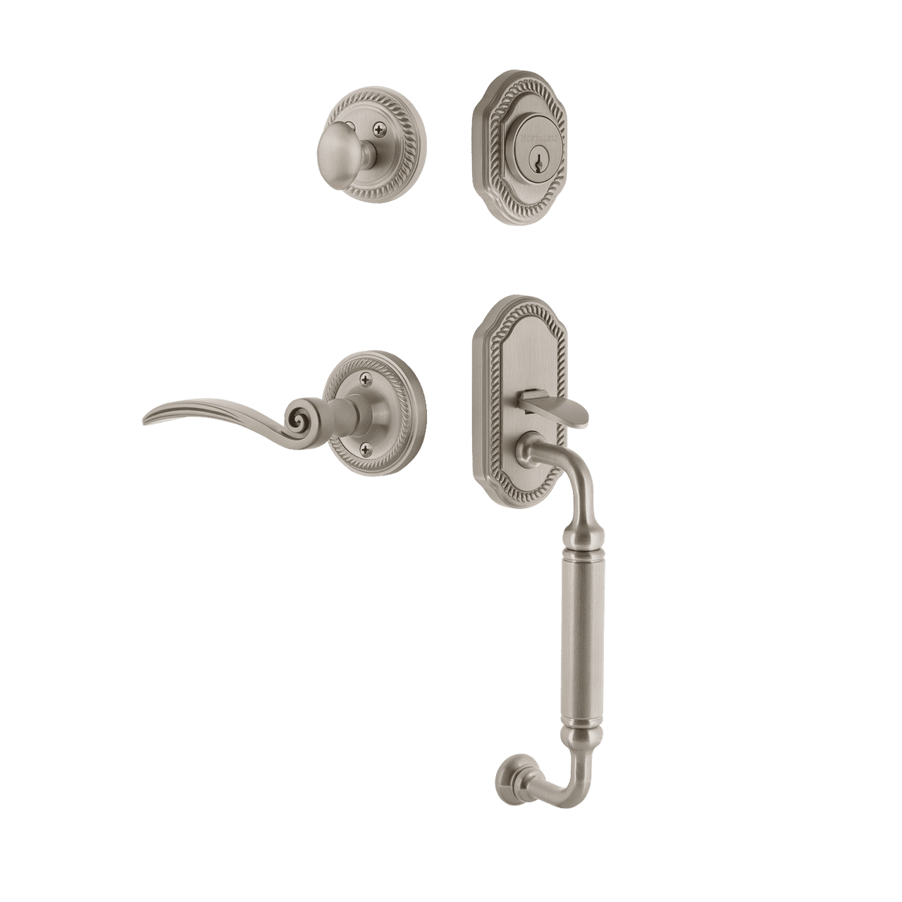 Nostalgic 771072: Entry Lockset w/Rope Rosette, C-Grip Exterior Handle and Swan Interior Lever - Satin Nickel