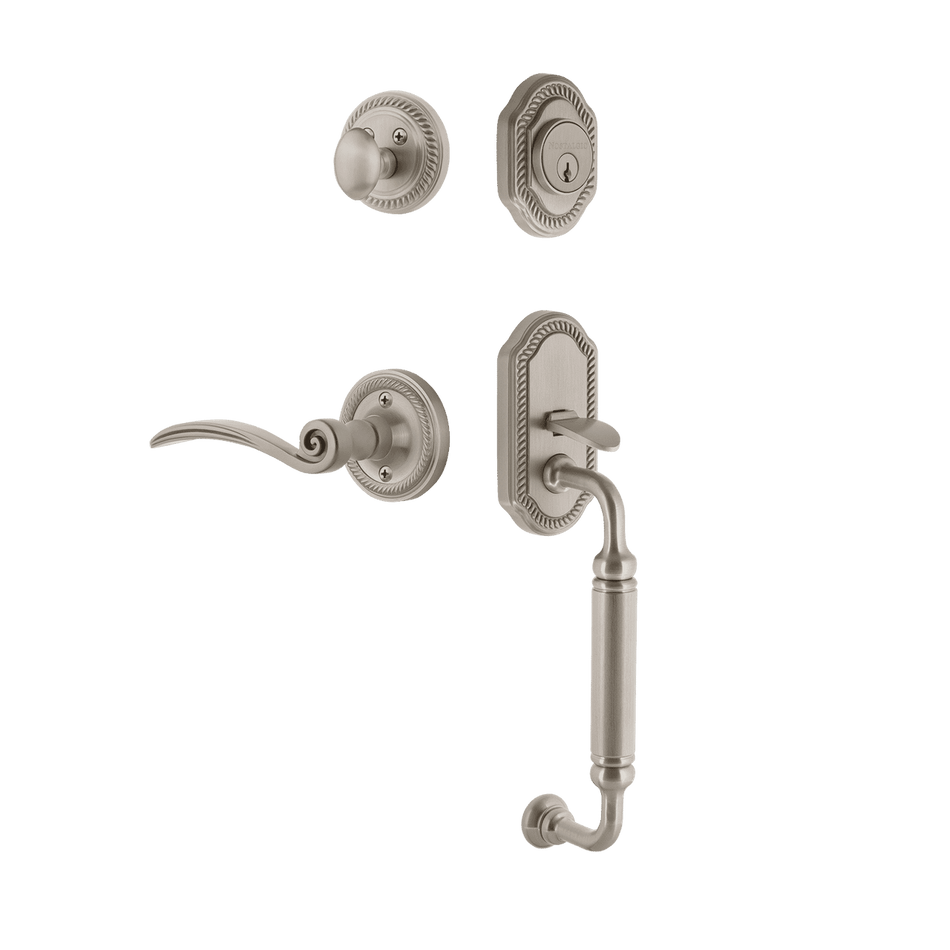 Nostalgic 771072: Entry Lockset w/Rope Rosette, C-Grip Exterior Handle and Swan Interior Lever - Satin Nickel