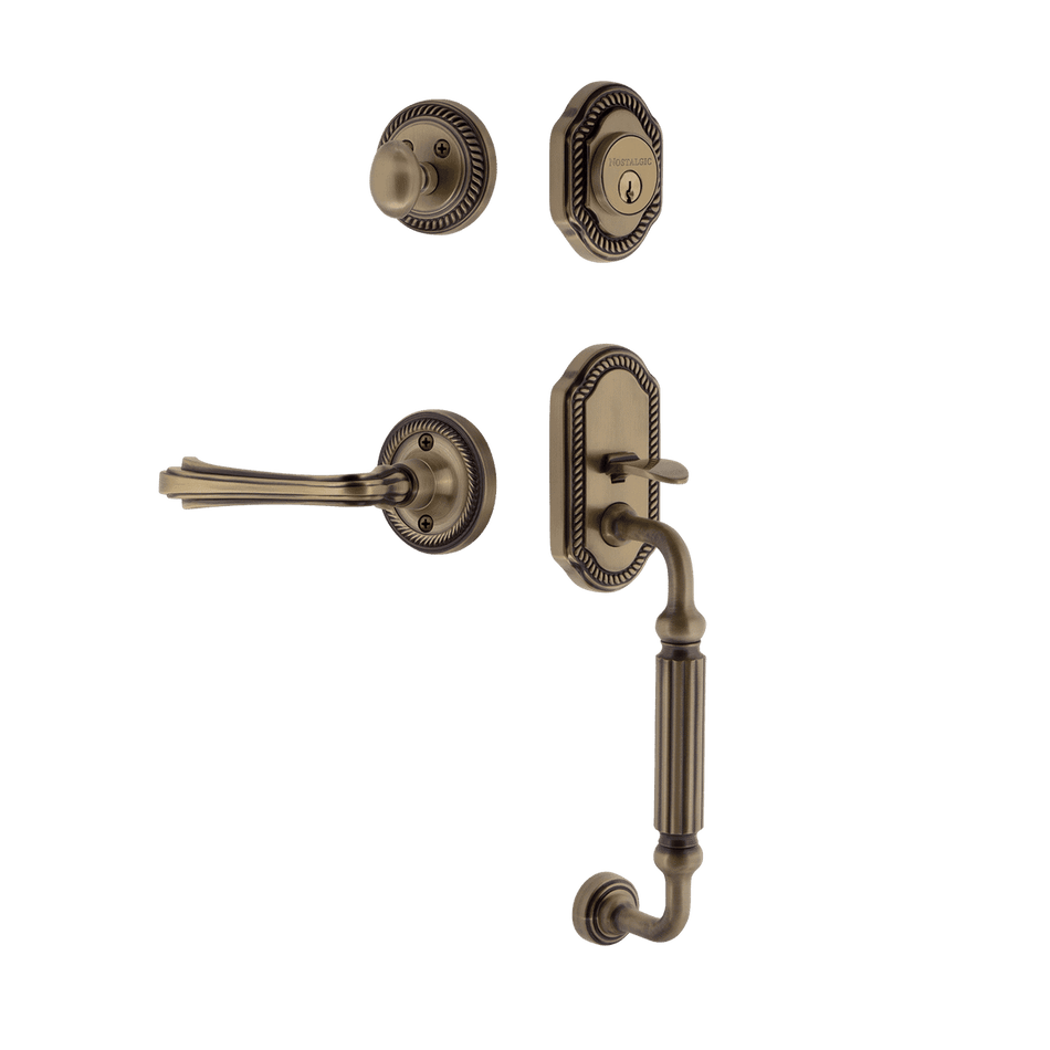 Nostalgic 770926: Entry Lockset w/Rope Rosette, F-Grip Exterior Handle and Fleur Interior Lever - Antique Brass