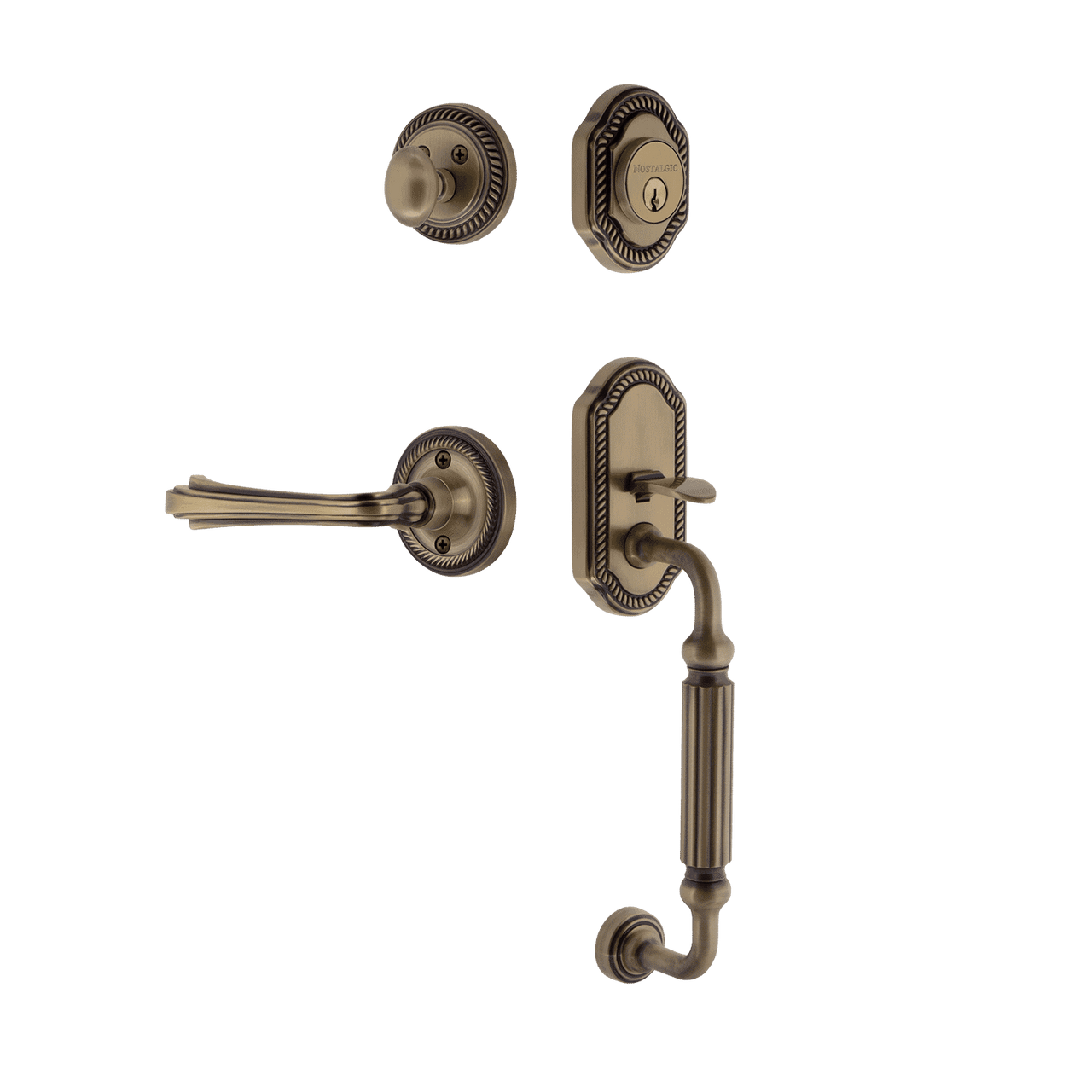 Nostalgic 769098: Entry Lockset w/Rope Rosette, F-Grip Exterior Handle and Fleur Interior Lever - Antique Brass
