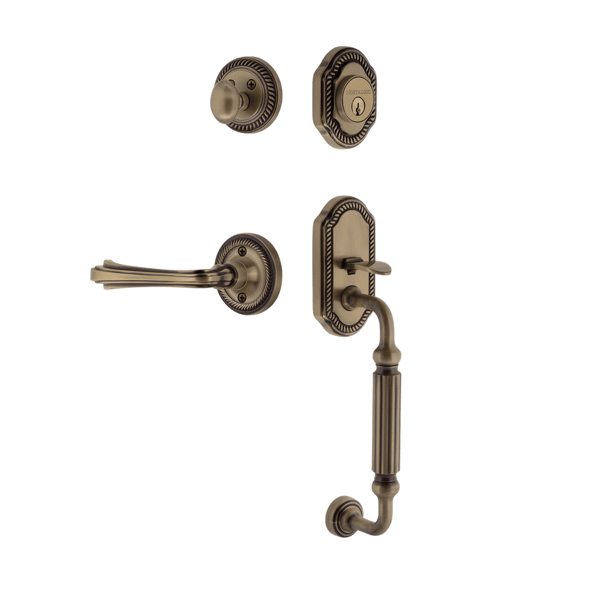 Nostalgic 769103: Entry Lockset w/Rope Rosette, F-Grip Exterior Handle and Fleur Interior Lever - Antique Brass