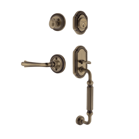 Nostalgic 770946: Entry Lockset w/Rope Rosette, F-Grip Exterior Handle and Fleur Interior Lever - Antique Brass